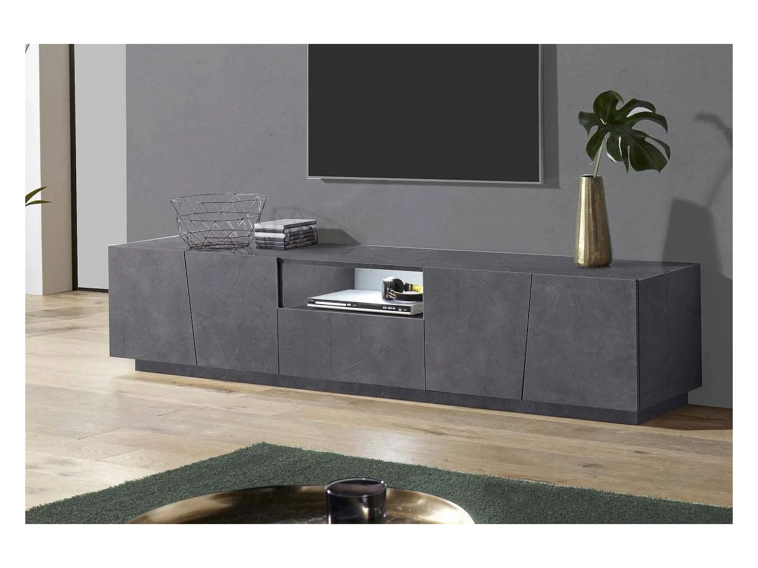 TV-Schrank Paul, niedriges Wohnzimmer-Sideboard, Fernsehständer-Basis, 100 % Made in Italy, 220 x 43 x 46 cm, Schiefer,