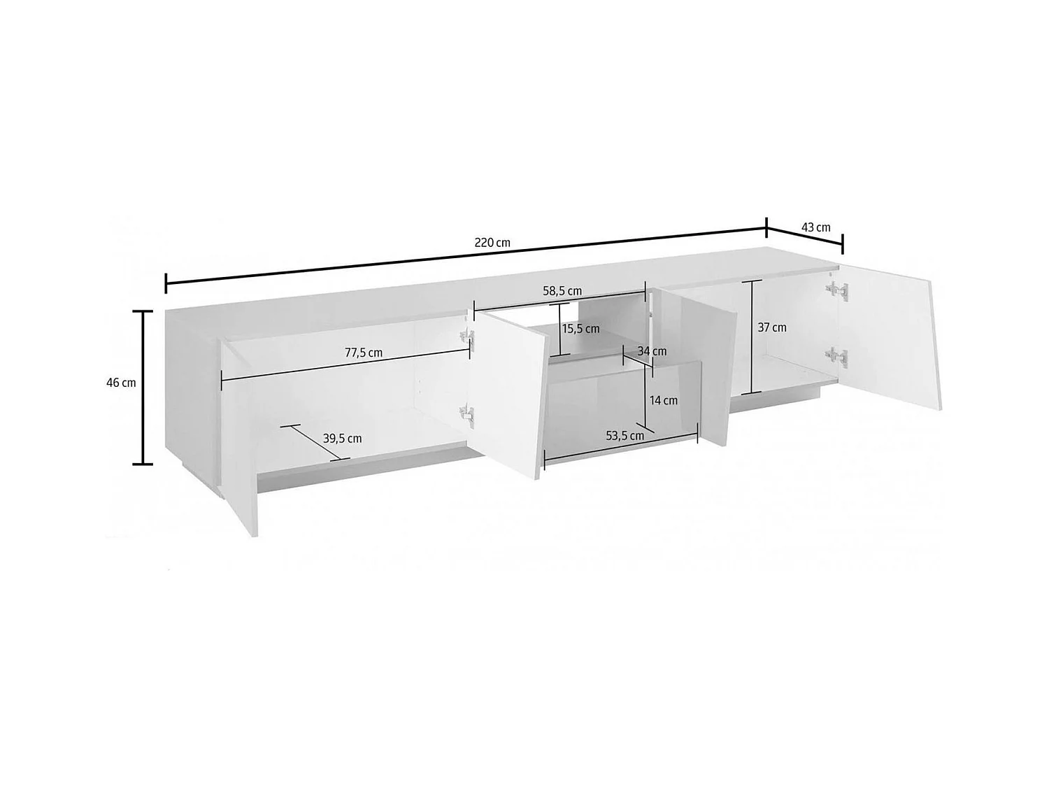 TV-Schrank Paul, niedriges Wohnzimmer-Sideboard, Fernsehständer-Basis, 100 % Made in Italy, 220 x 43 x 46 cm, Schiefer,