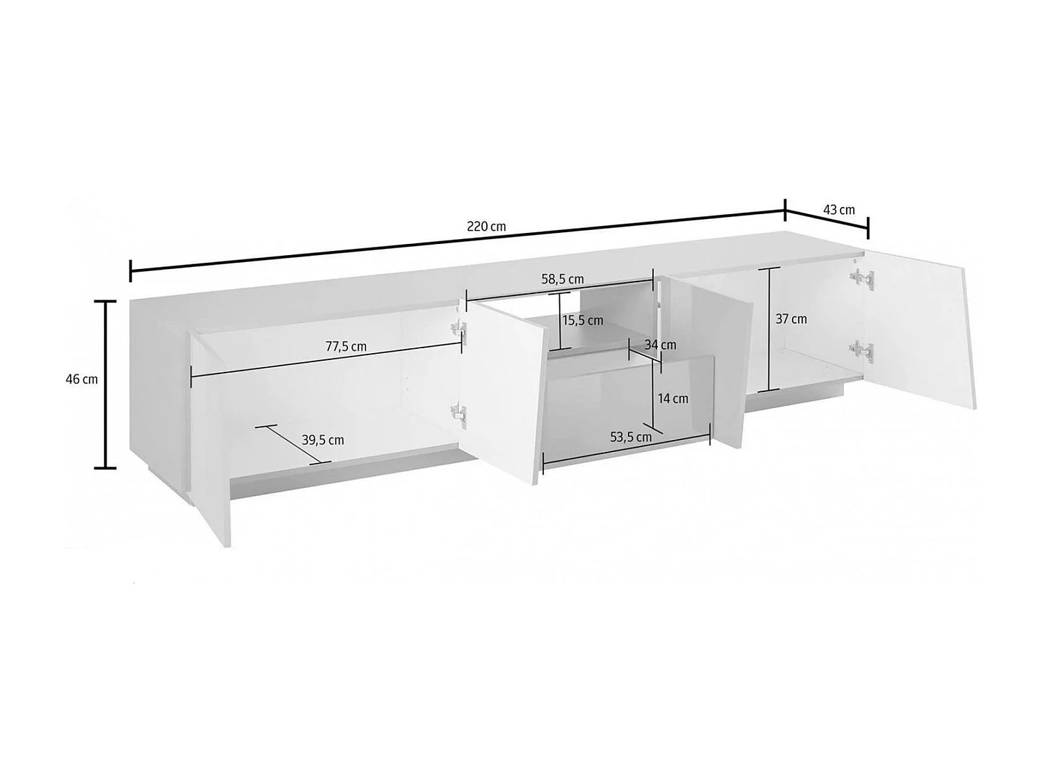 TV-Schrank Paul, niedriges Wohnzimmer-Sideboard, Fernsehständer-Basis, 100 % Made in Italy, 220 x 43 x 46 cm, Schiefer,