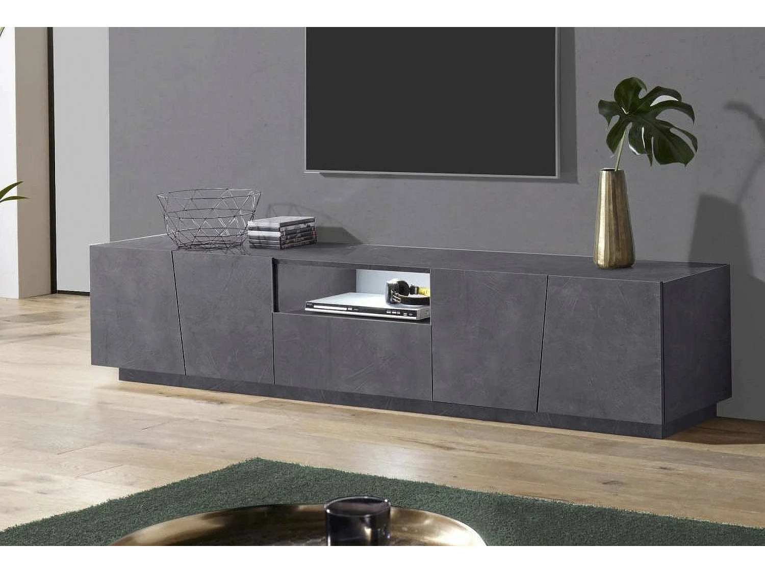 Mobile porta TV Paul, Credenza bassa da soggiorno, Base porta televisione, 100% Made in Italy, cm 220x43h46, Ardesia