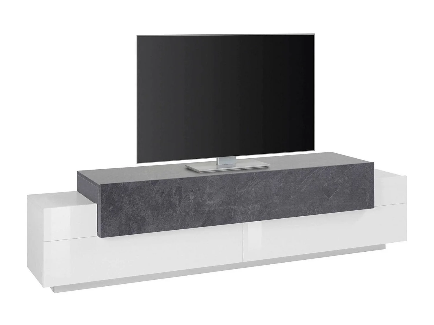 Meuble TV Teo, Buffet bas de salon, Base pour meuble TV, 100% Made in Italy, 200x45h52 cm, Blanc brillant et ardoise