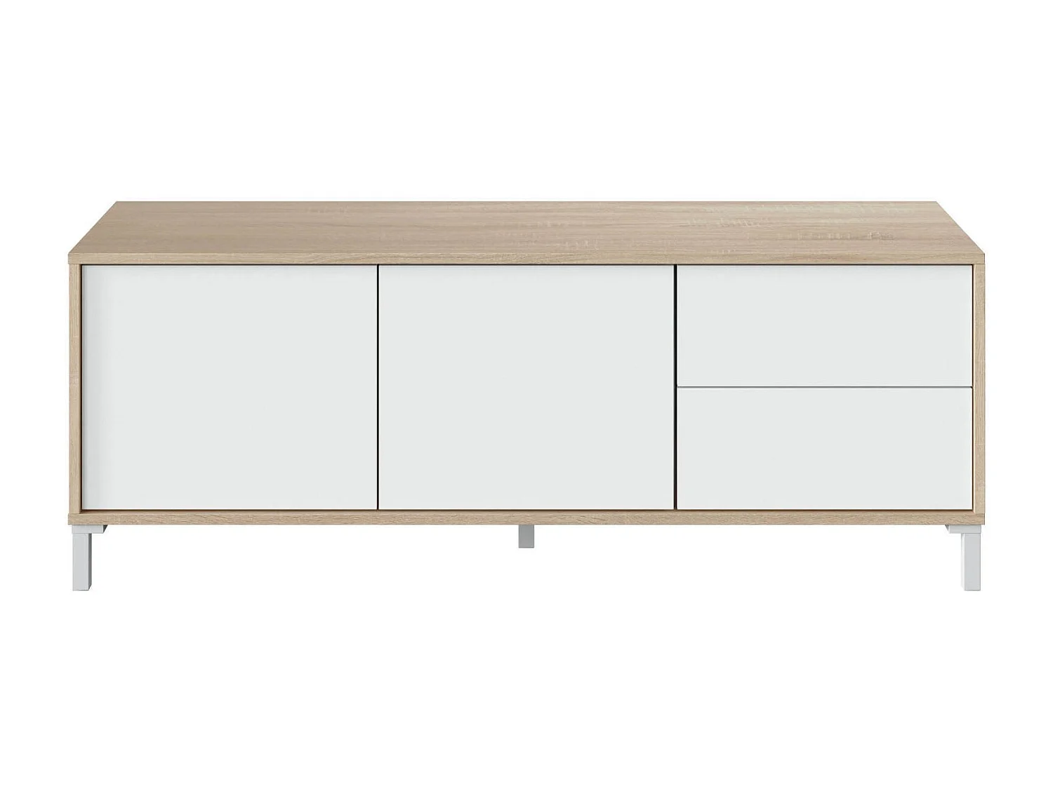 Meuble TV Cary, Buffet pour télévision avec 2 portes, Meuble TV de salon, Meuble TV, Buffet pour salon, 130x41h47 cm, Chêne et Blanc