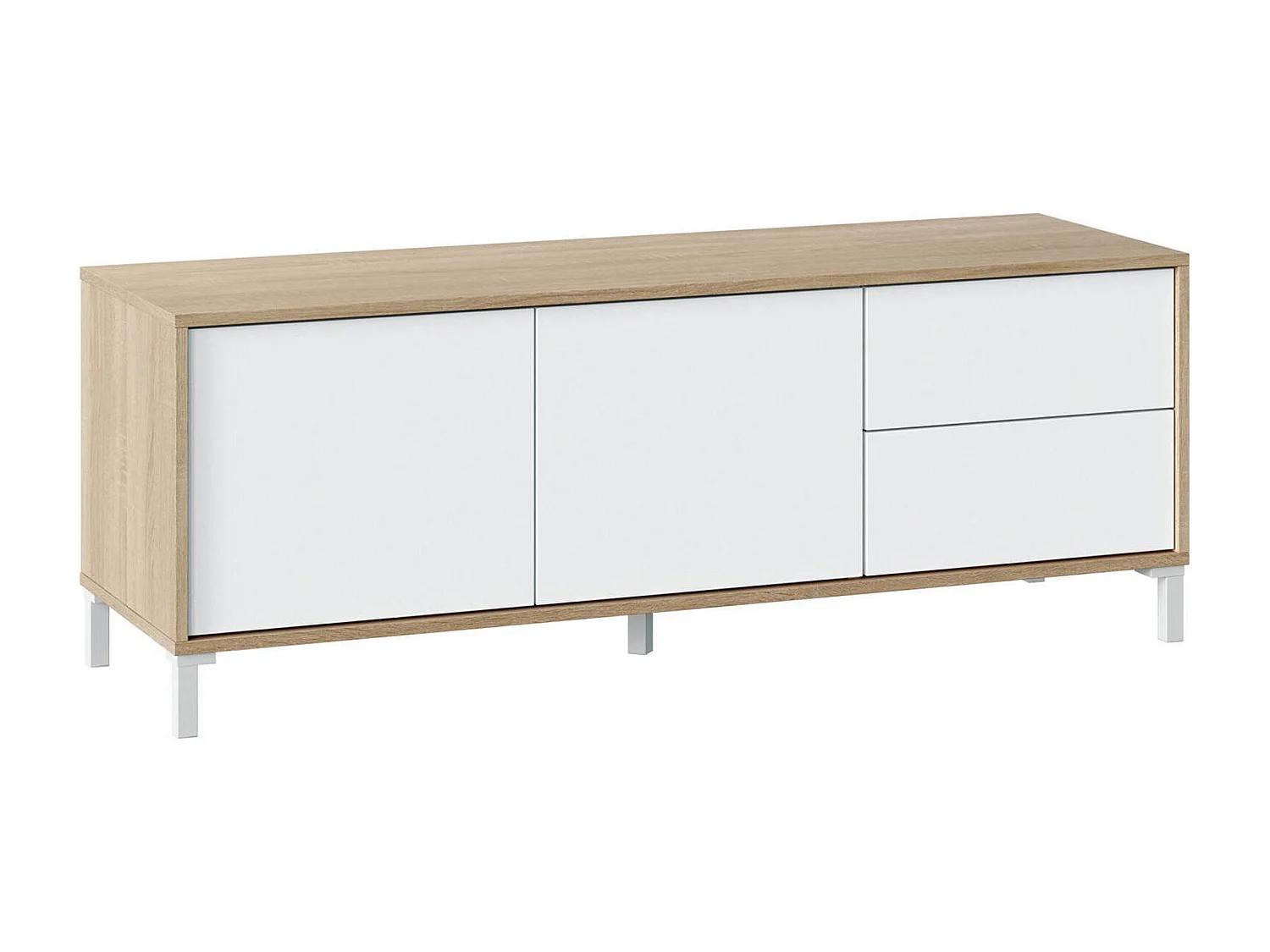 Meuble TV Cary, Buffet pour télévision avec 2 portes, Meuble TV de salon, Meuble TV, Buffet pour salon, 130x41h47 cm, Chêne et Blanc