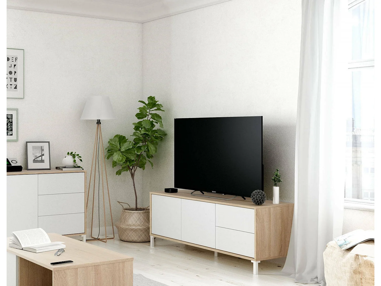 Meuble TV Cary, Buffet pour télévision avec 2 portes, Meuble TV de salon, Meuble TV, Buffet pour salon, 130x41h47 cm, Chêne et Blanc