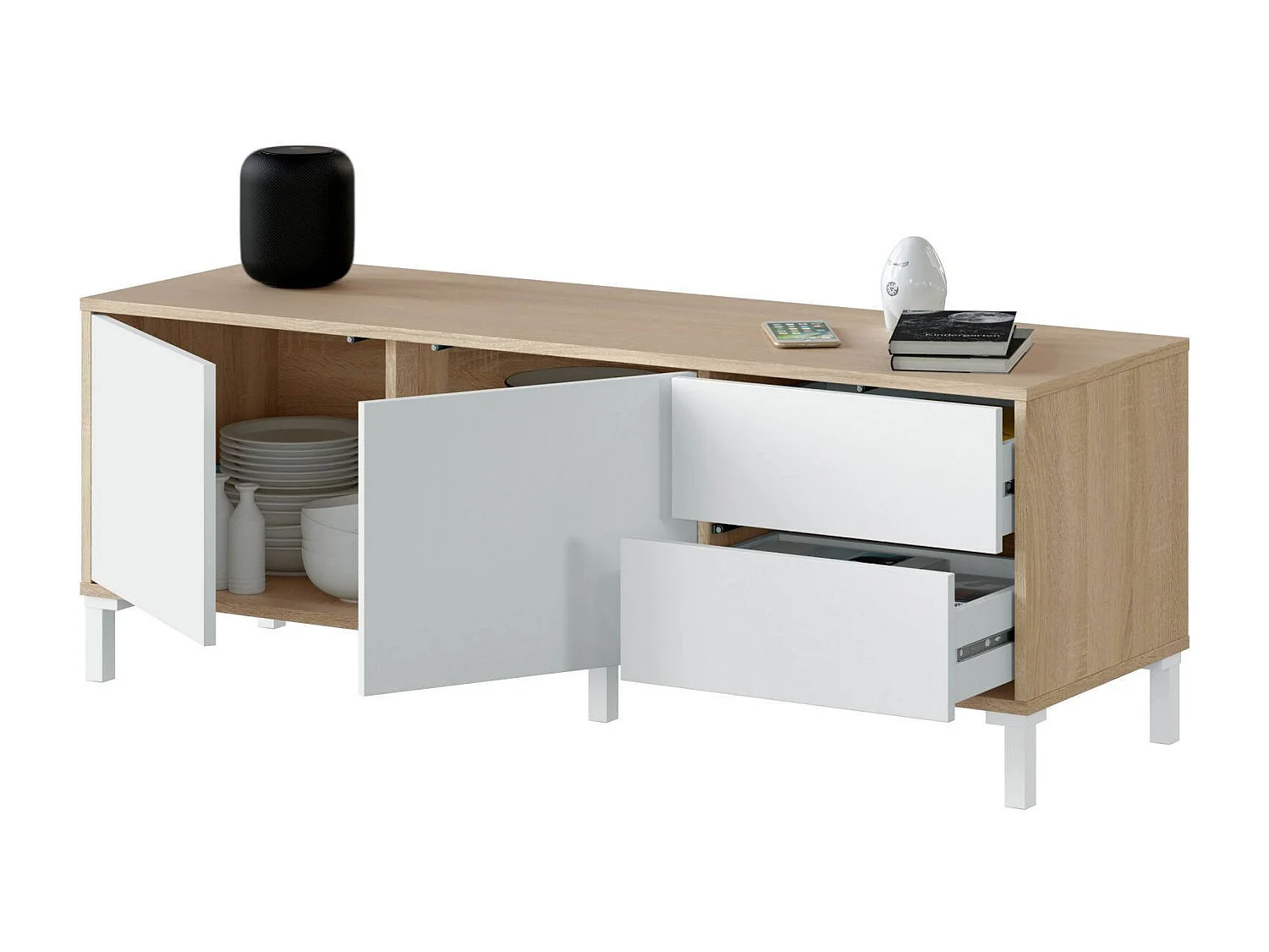 Meuble TV Cary, Buffet pour télévision avec 2 portes, Meuble TV de salon, Meuble TV, Buffet pour salon, 130x41h47 cm, Chêne et Blanc