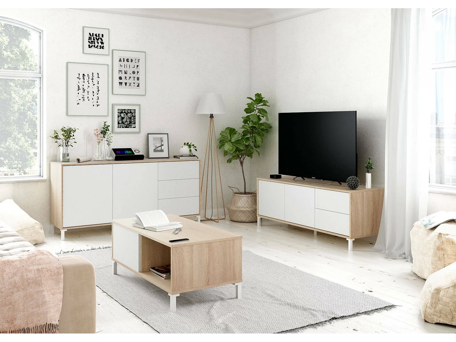 Meuble TV Cary, Buffet pour télévision avec 2 portes, Meuble TV de salon, Meuble TV, Buffet pour salon, 130x41h47 cm, Chêne et Blanc