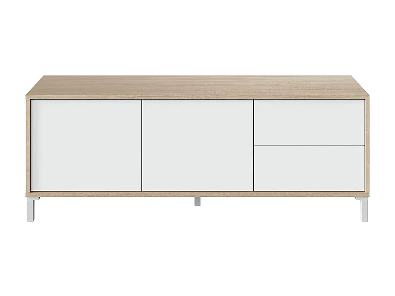 Meuble TV Cary, Buffet pour télévision avec 2 portes, Meuble TV de salon, Meuble TV, Buffet pour salon, 130x41h47 cm, Chêne et Blanc