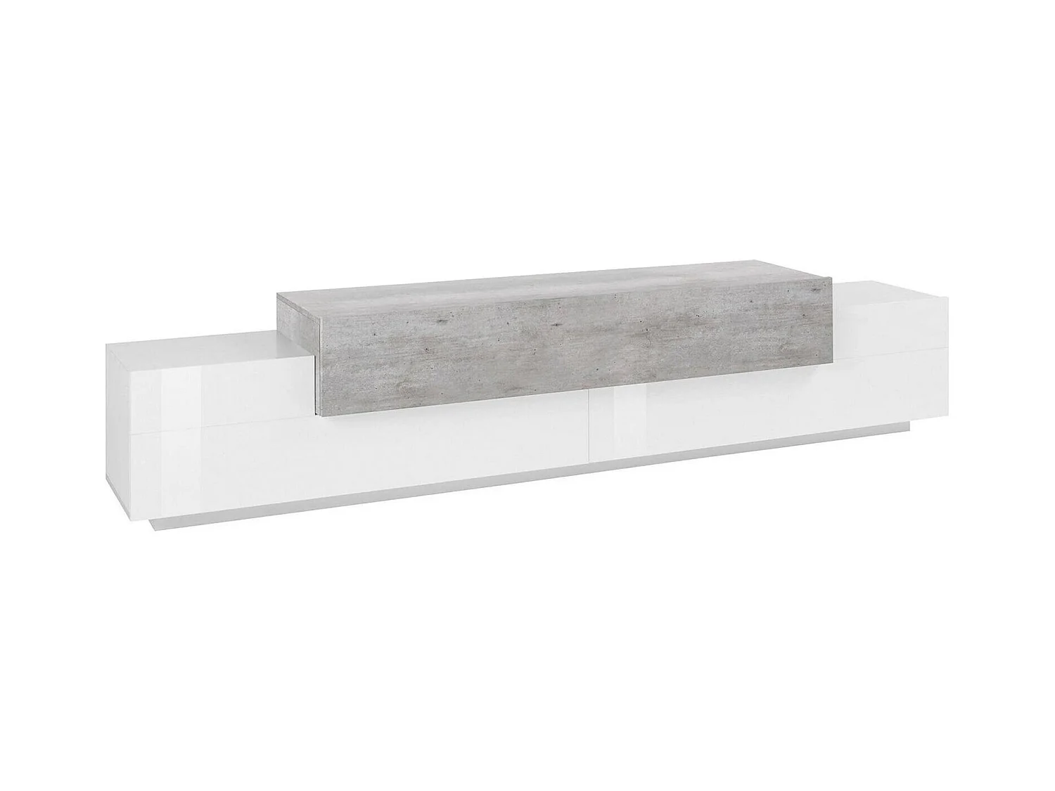 Meuble TV Nico, Buffet bas de salon, Base pour meuble TV, 100% Made in Italy, 240x45h52 cm, Blanc brillant et béton