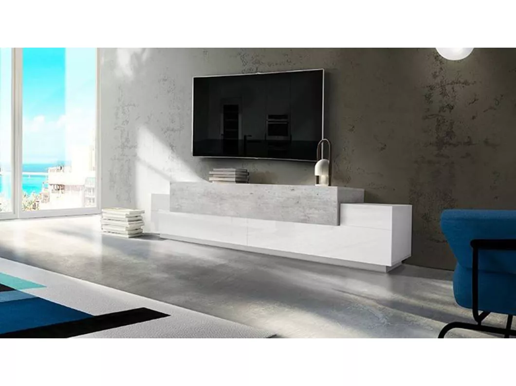 Kauf Unique TV-Schrank Nico, niedriges Wohnzimmer-Sideboard, Fernsehständer-Basis, 100 % Made in Italy, 240 x 45 x 52 cm, glänzendes Weiß und Beton,