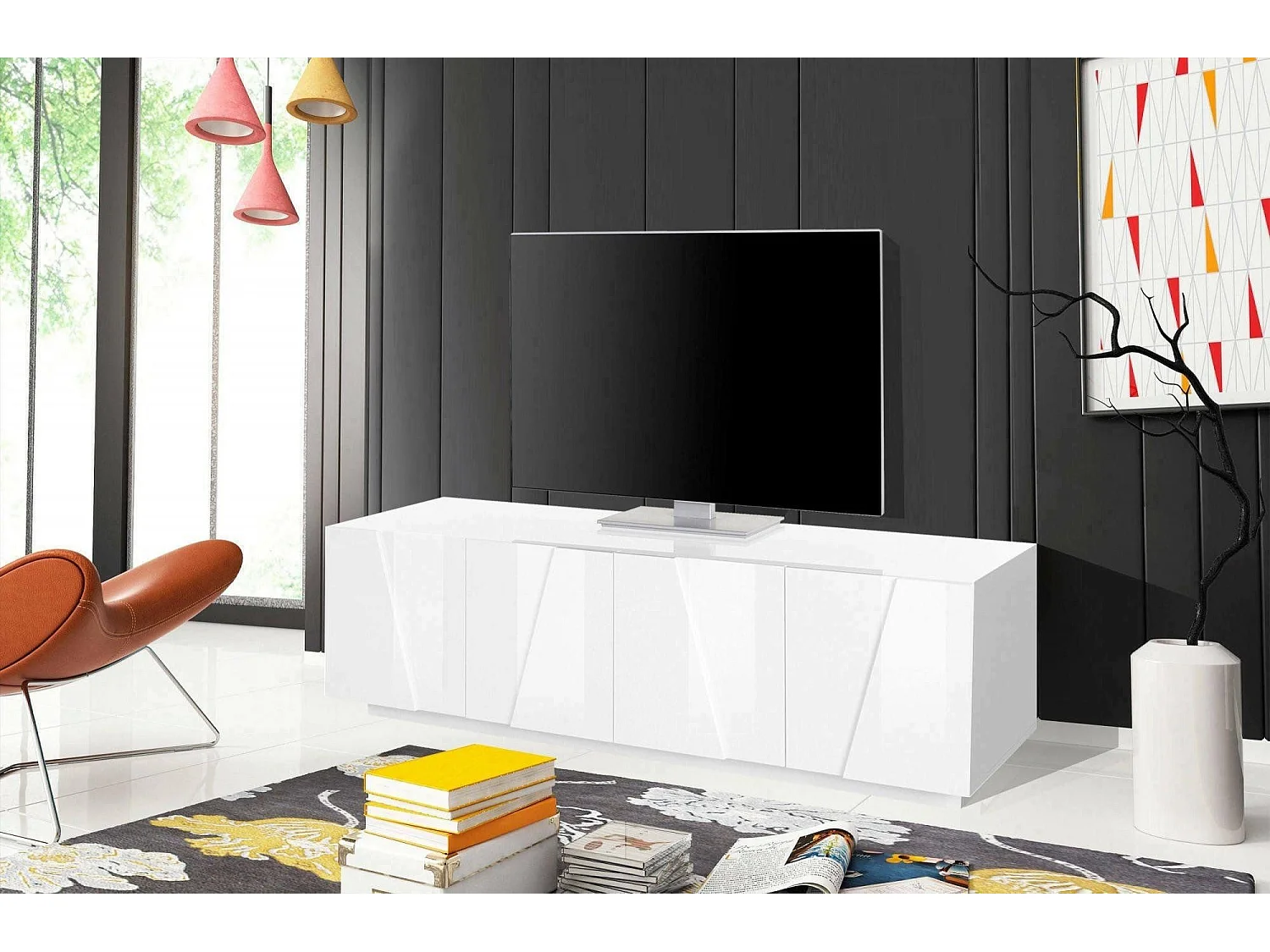Meuble TV Raul, Buffet bas de salon, Base pour meuble TV, 100% Made in Italy, 162x44h46 cm, Blanc brillant