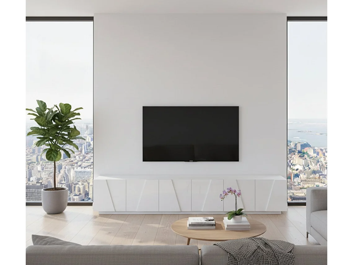 Meuble TV Lucas, Buffet bas de salon, Base pour meuble TV, 100% Made in Italy, 244x44h46 cm, Blanc brillant