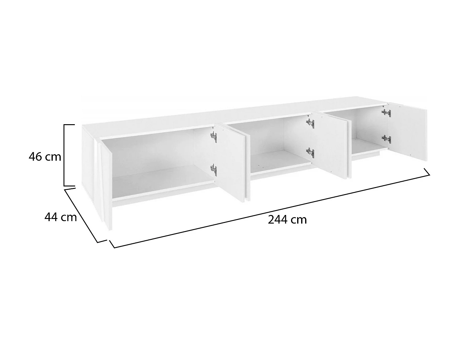 TV-Schrank Lucas, niedriges Wohnzimmer-Sideboard, Fernsehständer-Basis, 100 % Made in Italy, 244 x 44 x 46 cm, glänzendes WeiÃŸ,