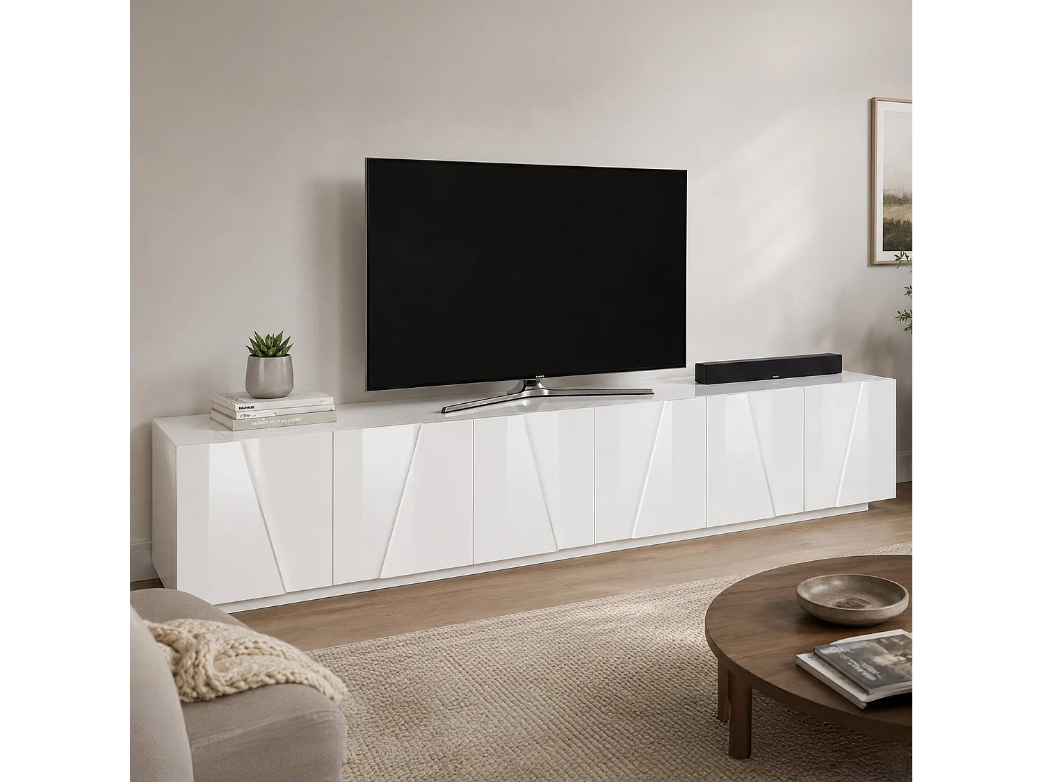 Meuble TV Lucas, Buffet bas de salon, Base pour meuble TV, 100% Made in Italy, 244x44h46 cm, Blanc brillant