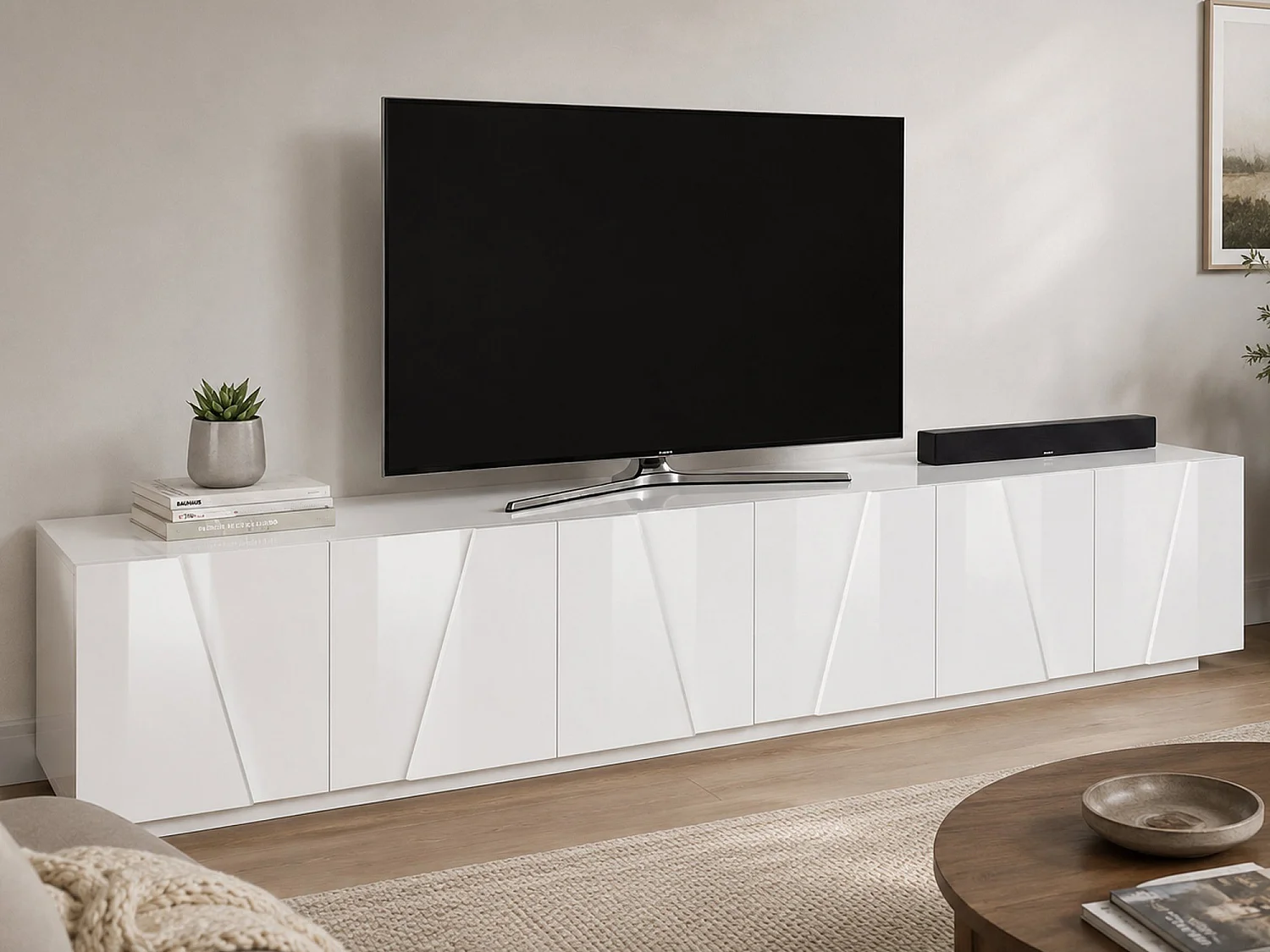 Mobile porta TV Lucas, Credenza bassa da soggiorno, Base porta televisione, 100% Made in Italy, cm 244x44h46, Bianco lucido