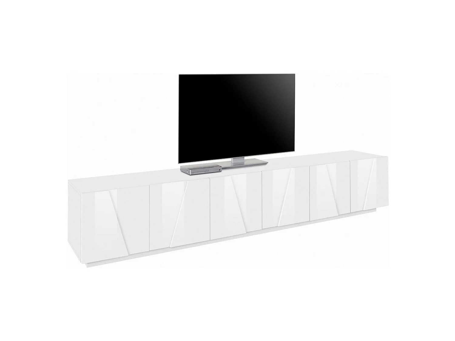 Mobile porta TV Lucas, Credenza bassa da soggiorno, Base porta televisione, 100% Made in Italy, cm 244x44h46, Bianco lucido