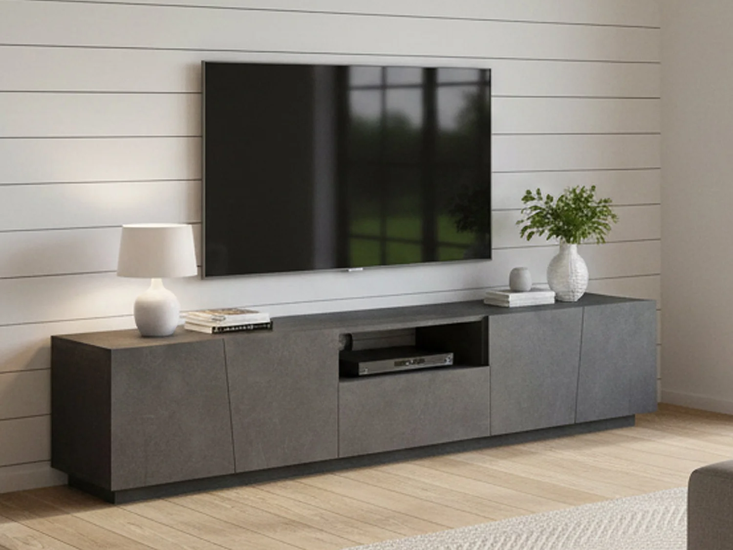 Mobile porta TV Paul, Credenza bassa da soggiorno, Base porta televisione, 100% Made in Italy, cm 220x43h46, Ardesia, con luce LED