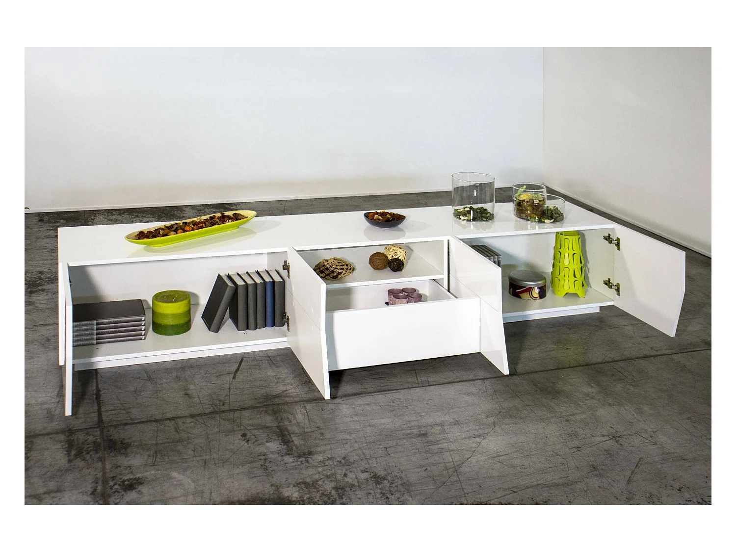 Jacopo TV-meubel, Laag woonkamerdressoir, Onderstel televisiemeubel, 100% Made in Italy, 220x43h46 cm, Glanzend wit