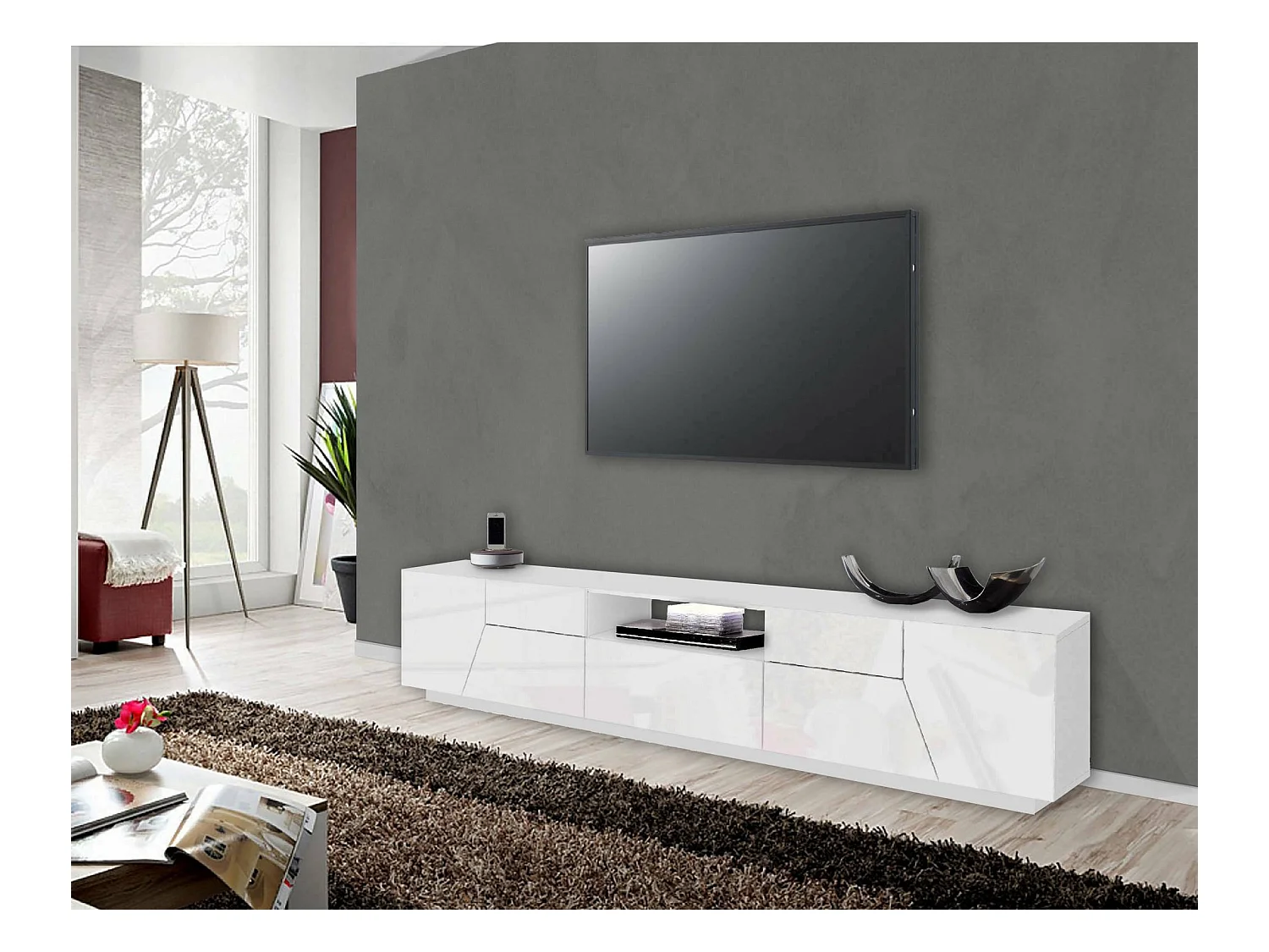 Jacopo TV-meubel, Laag woonkamerdressoir, Onderstel televisiemeubel, 100% Made in Italy, 220x43h46 cm, Glanzend wit
