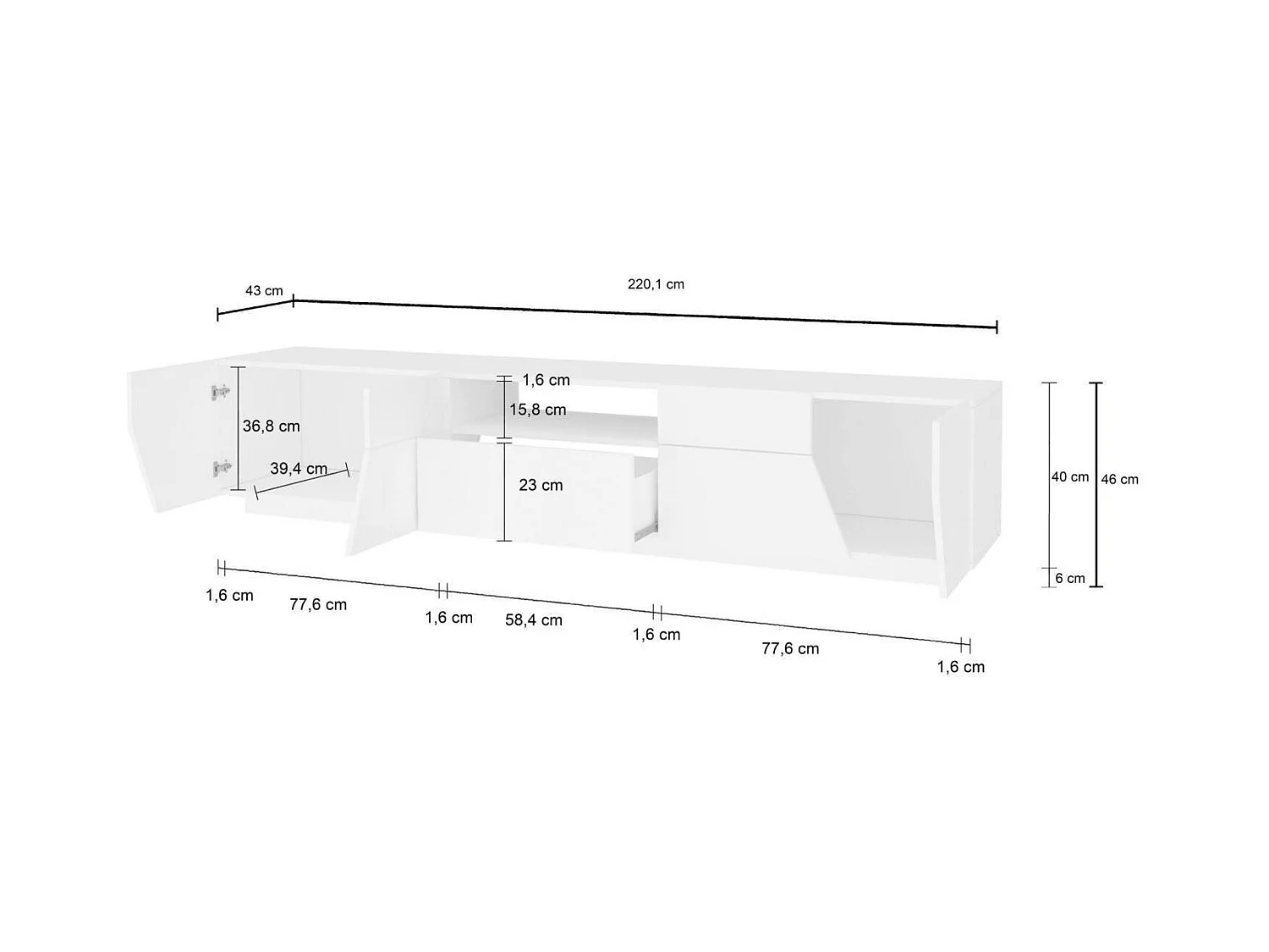 Jacopo TV-meubel, Laag woonkamerdressoir, Onderstel televisiemeubel, 100% Made in Italy, 220x43h46 cm, Glanzend wit
