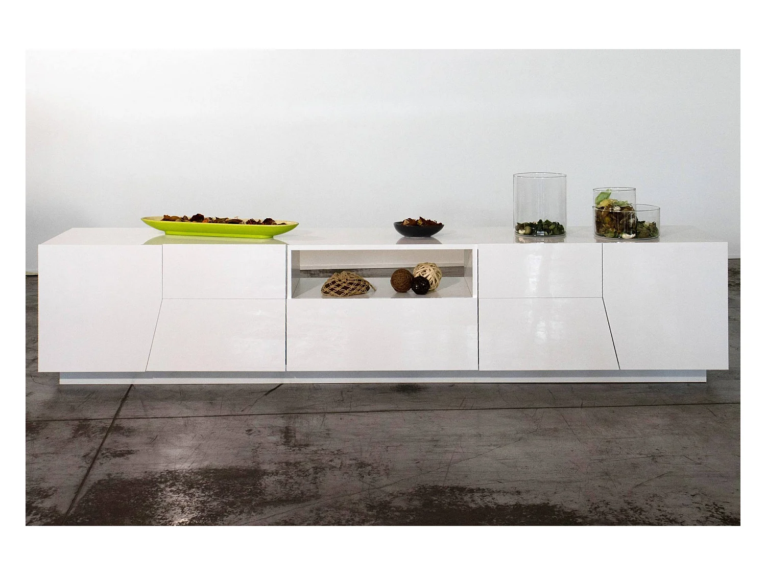 Jacopo TV-meubel, Laag woonkamerdressoir, Onderstel televisiemeubel, 100% Made in Italy, 220x43h46 cm, Glanzend wit