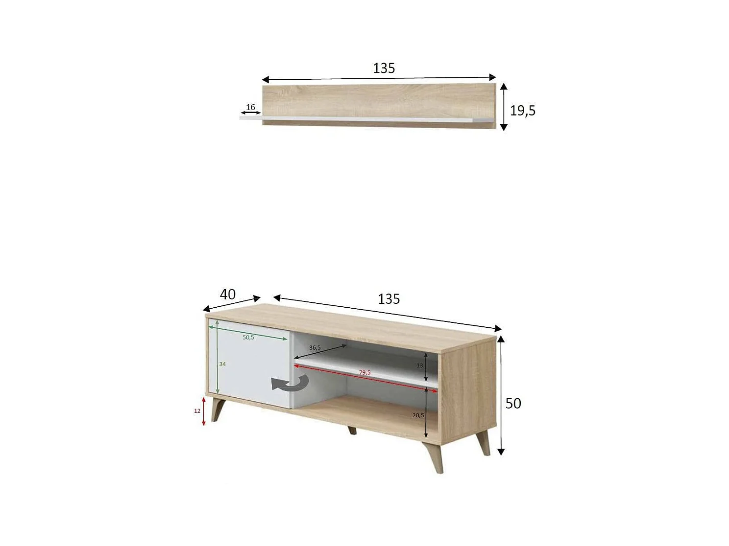 Meuble TV Mesa, Buffet pour télévision de salon avec 1 porte, Meuble TV de salon, Buffet design, 135x40h50 cm, Chêne