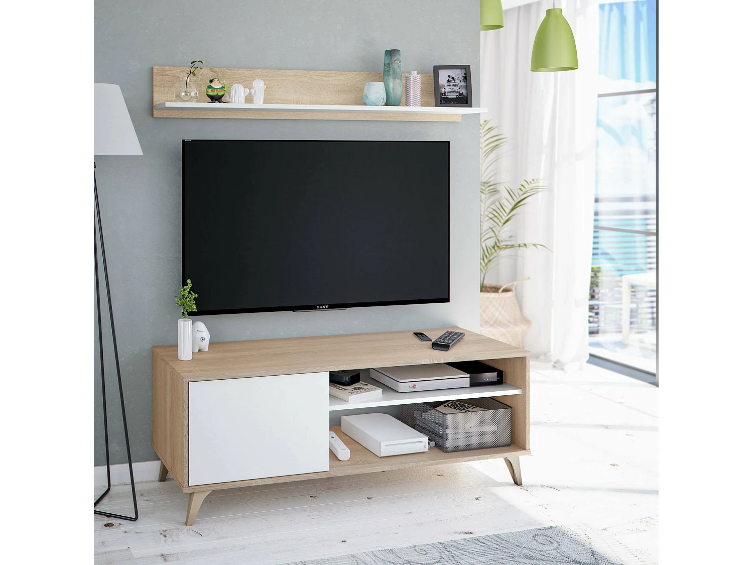 Meuble TV Mesa, Buffet pour télévision de salon avec 1 porte, Meuble TV de salon, Buffet design, 135x40h50 cm, Chêne