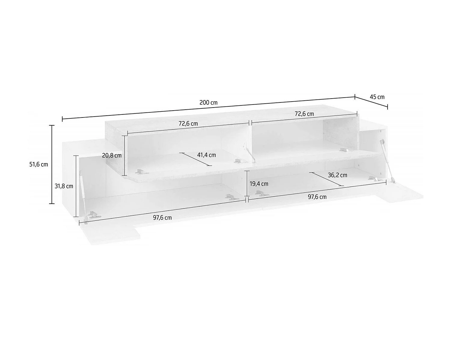 Meuble TV Teo, Buffet bas de salon, Base pour meuble TV, 100% Made in Italy, 200x45h52 cm, Blanc brillant et ciment