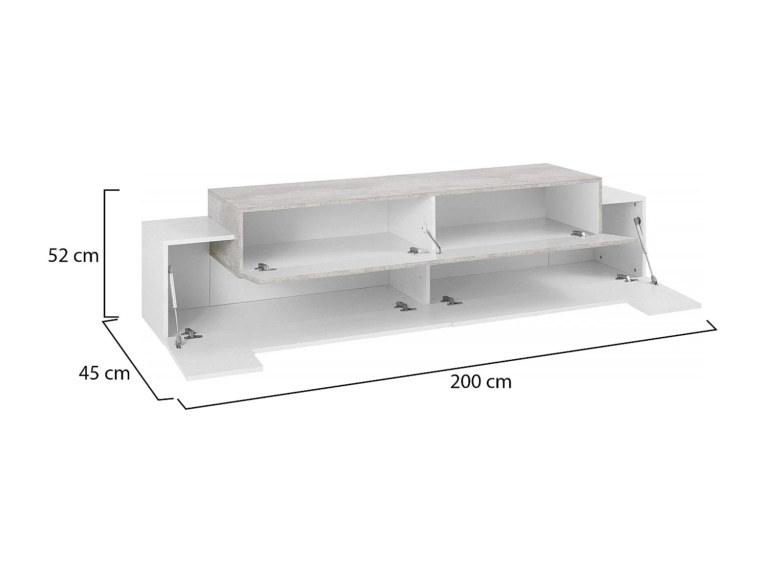 TV-Schrank Teo, niedriges Wohnzimmer-Sideboard, Fernsehständer-Basis, 100 % Made in Italy, 200 x 45 x 52 cm, glänzendes WeiÃŸ und Zement,