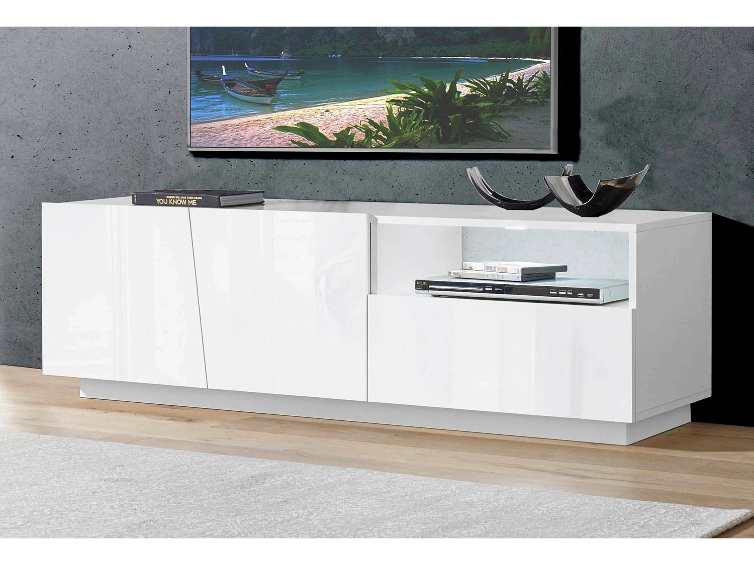 TV-Schrank Nino, niedriges Wohnzimmer-Sideboard mit 2 Türen, Fernsehständer-Basis, 100 % Made in Italy, 150 x 43 x 46 cm, glänzendes WeiÃŸ,