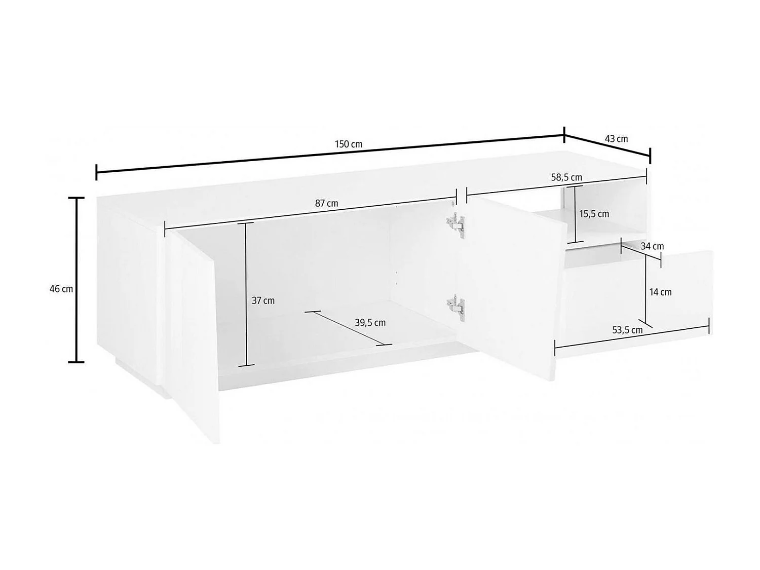 TV-Schrank Nino, niedriges Wohnzimmer-Sideboard mit 2 Türen, Fernsehständer-Basis, 100 % Made in Italy, 150 x 43 x 46 cm, glänzendes WeiÃŸ,