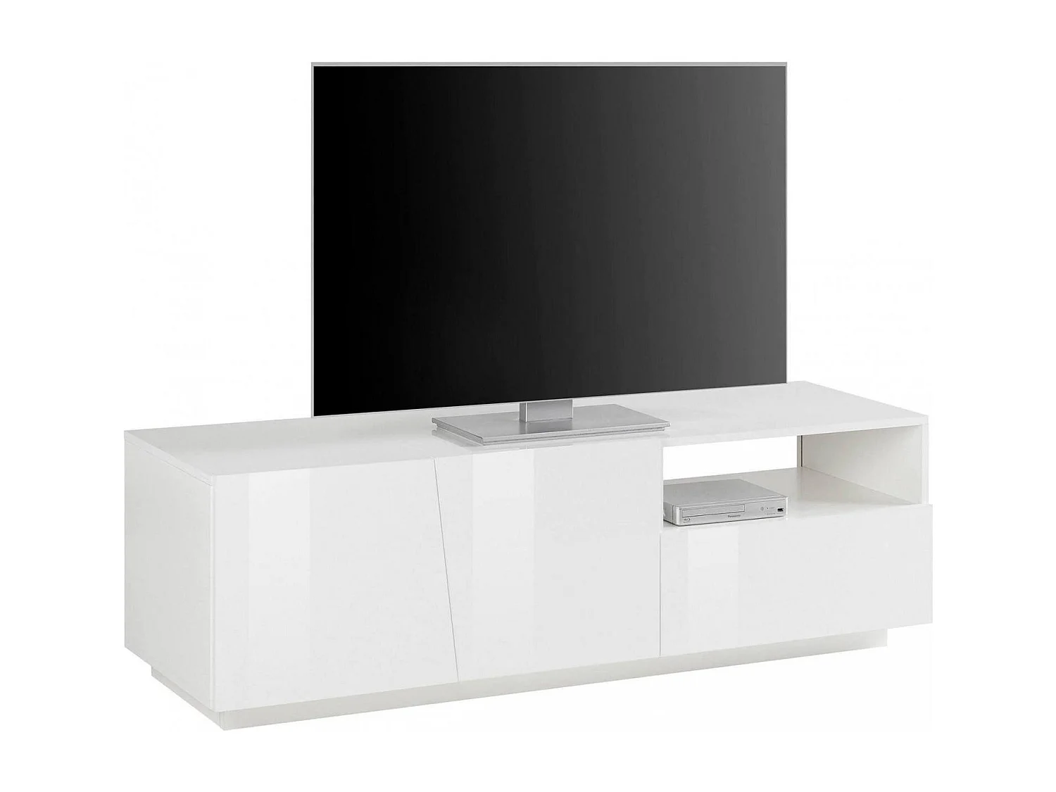 TV-Schrank Nino, niedriges Wohnzimmer-Sideboard mit 2 Türen, Fernsehständer-Basis, 100 % Made in Italy, 150 x 43 x 46 cm, glänzendes WeiÃŸ,