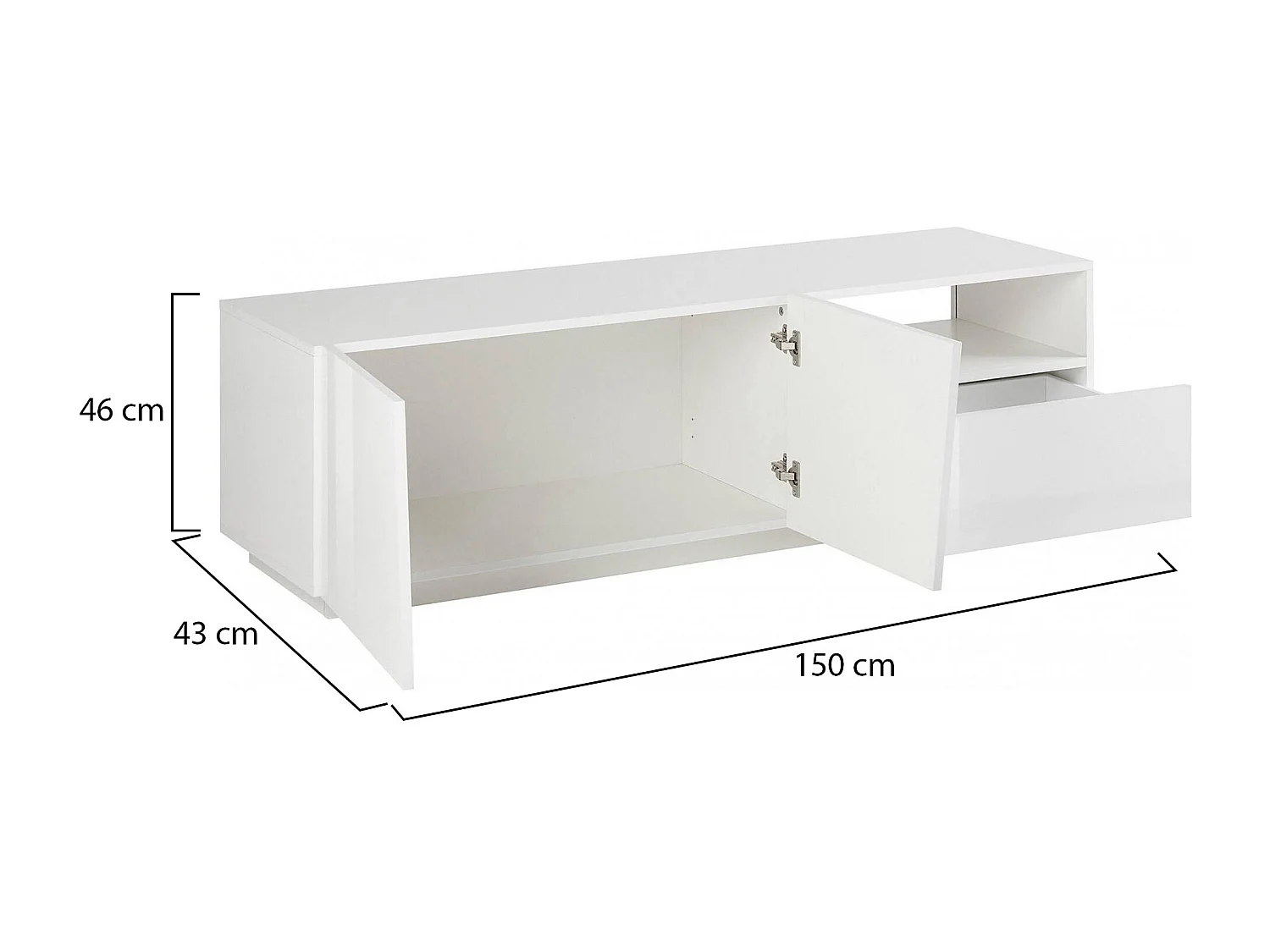 TV-Schrank Nino, niedriges Wohnzimmer-Sideboard mit 2 Türen, Fernsehständer-Basis, 100 % Made in Italy, 150 x 43 x 46 cm, glänzendes WeiÃŸ,