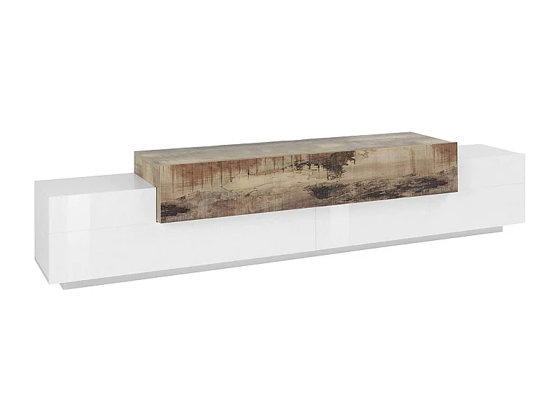 Meuble TV Nico, Buffet bas de salon, Base pour meuble TV, 100% Made in Italy, 240x45h52 cm, Blanc brillant et érable