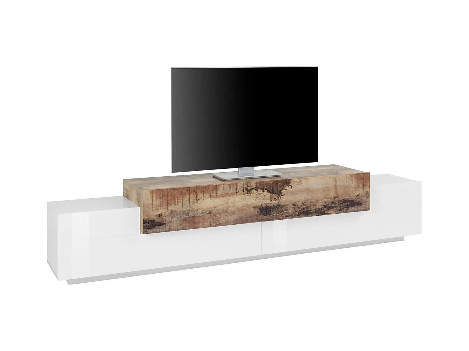 TV-Schrank Nico, niedriges Wohnzimmer-Sideboard, Fernsehständer-Basis, 100 % Made in Italy, 240 x 45 x 52 cm, glänzendes WeiÃŸ und Ahorn,