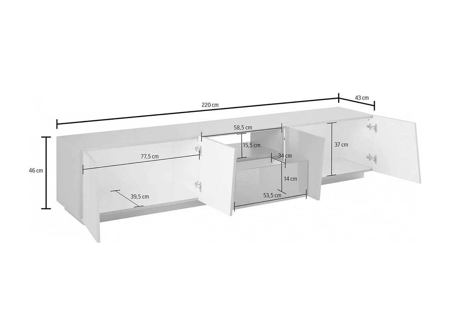 TV-Schrank Paul, niedriges Wohnzimmer-Sideboard, Fernsehständer-Basis, 100 % Made in Italy, 220 x 43 x 46 cm, glänzendes WeiÃŸ,