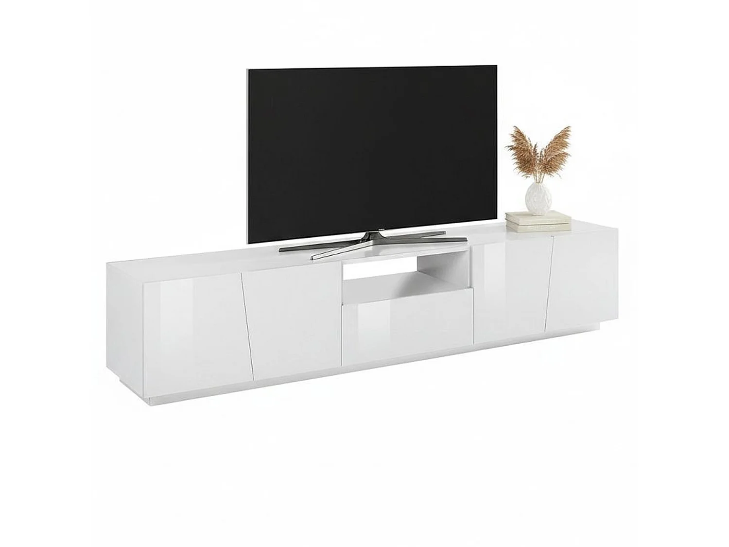 Mobile porta TV Paul, Credenza bassa da soggiorno, Base porta televisione, 100% Made in Italy, cm 220x43h46, Bianco lucido
