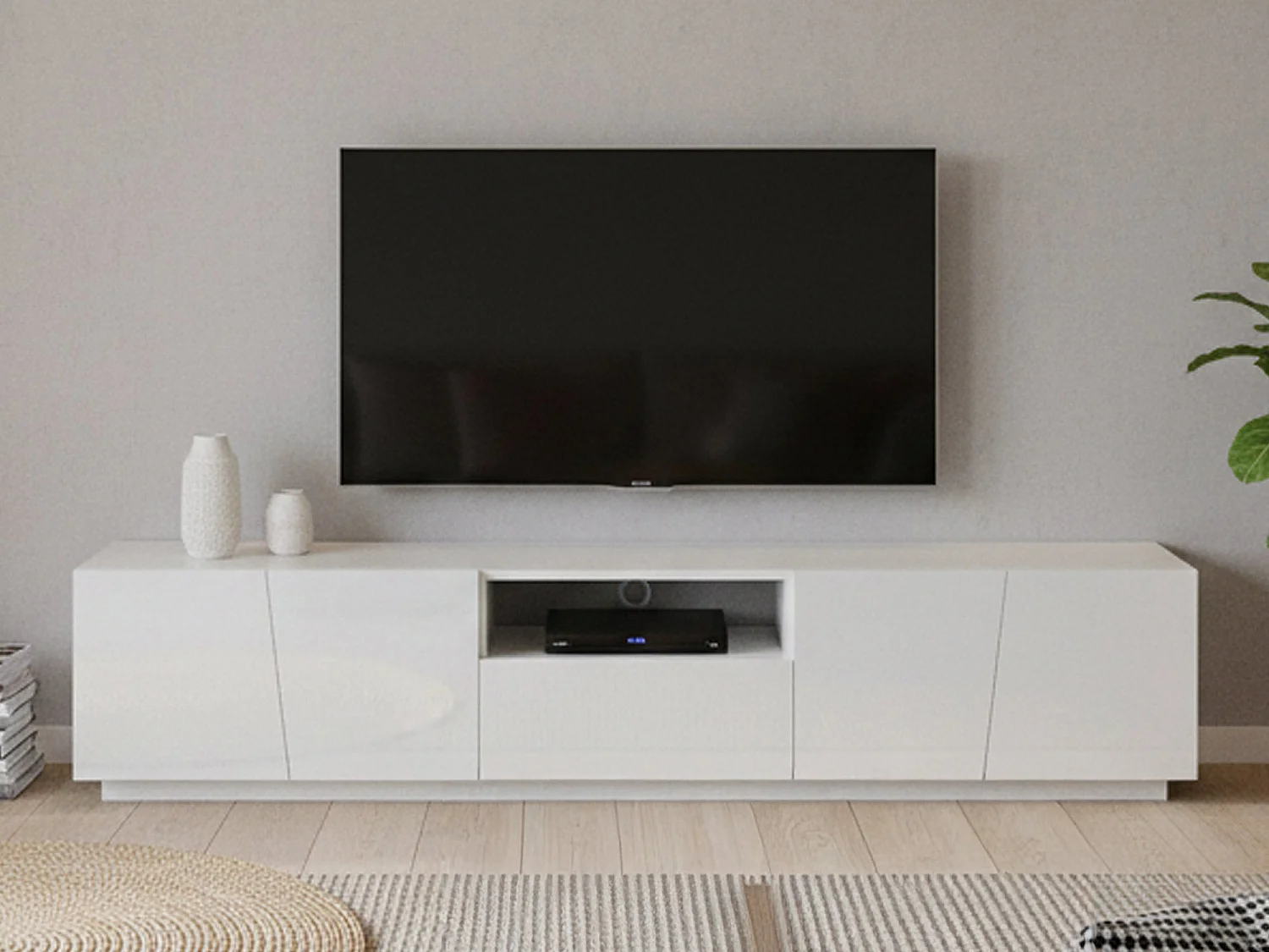 Mobile porta TV Paul, Credenza bassa da soggiorno, Base porta televisione, 100% Made in Italy, cm 220x43h46, Bianco lucido