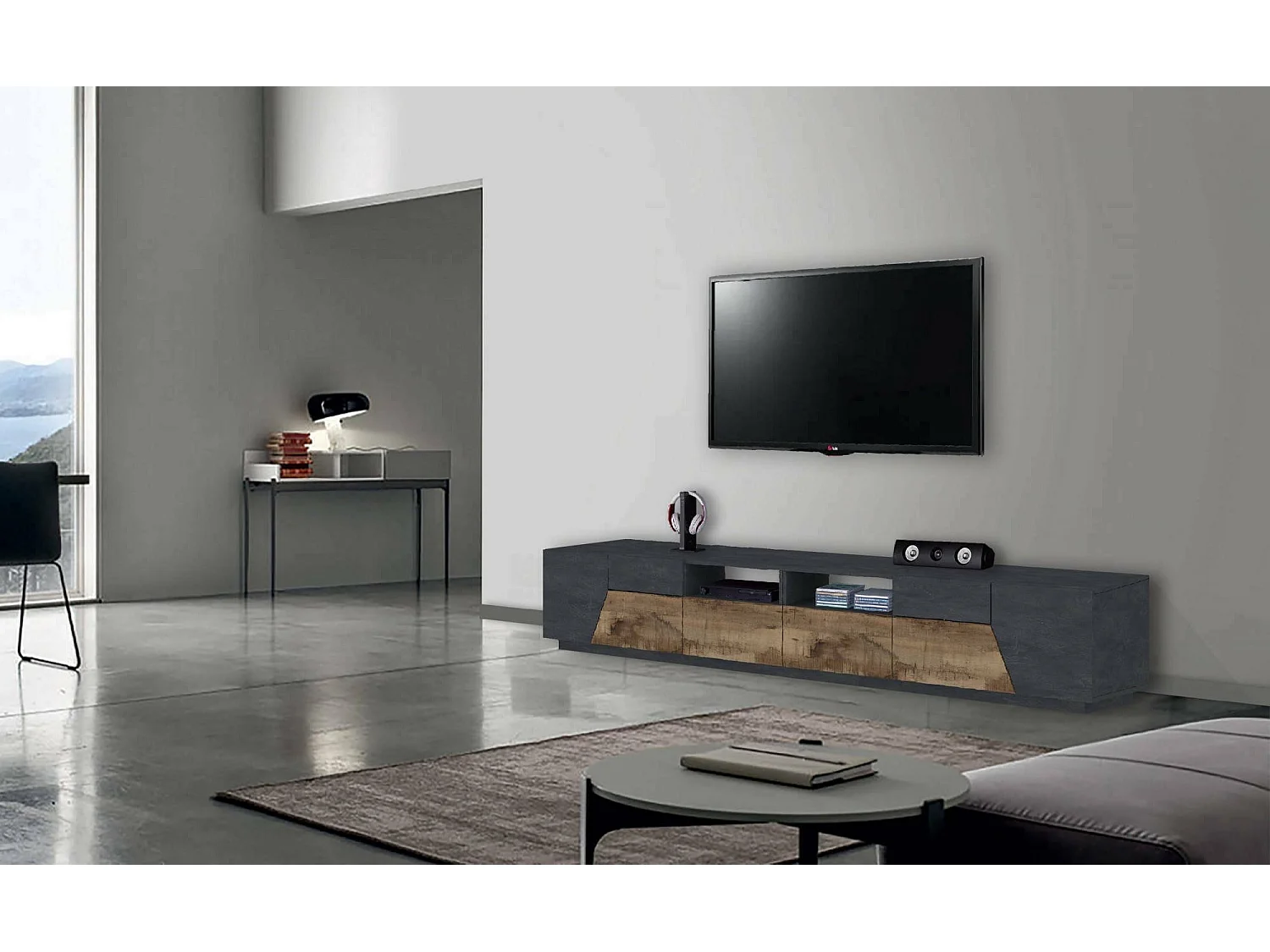 Gregorio Mueble TV, Aparador bajo de salón con 4 puertas, Base para mueble TV, 100% Made in Italy, 260x43h46 cm, Pizarra y Arce