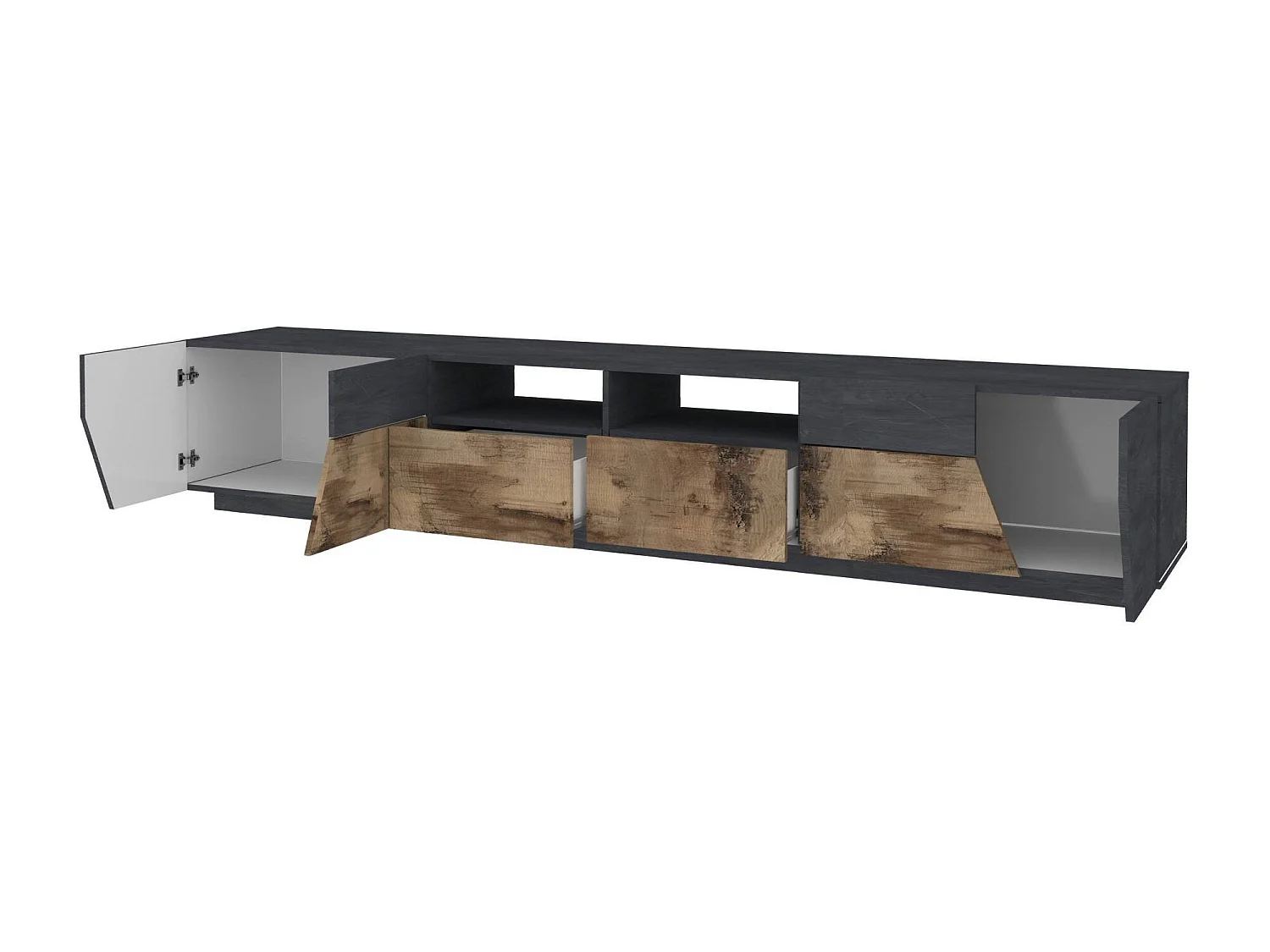 Meuble TV Gregorio, Buffet bas de salon avec 4 portes, Base pour meuble TV, 100% Made in Italy, 260x43h46 cm, Ardoise et Érable