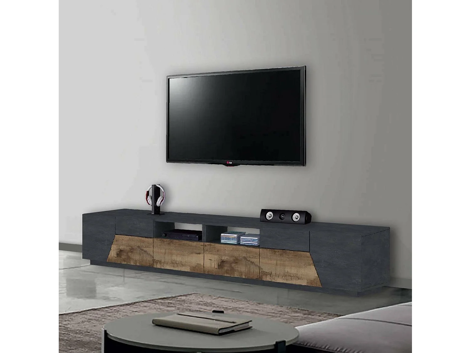 Meuble TV Gregorio, Buffet bas de salon avec 4 portes, Base pour meuble TV, 100% Made in Italy, 260x43h46 cm, Ardoise et Érable