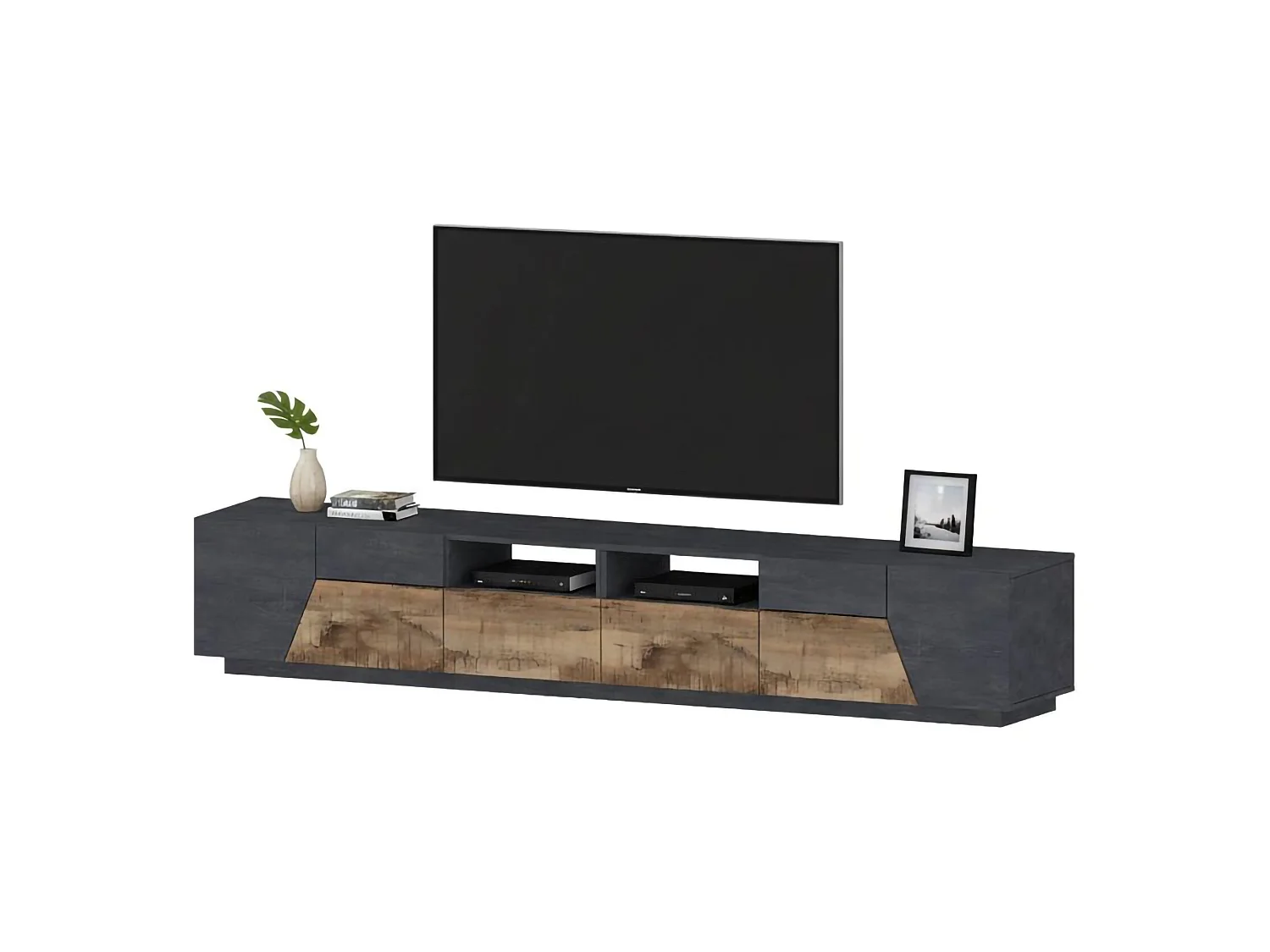Meuble TV Gregorio, Buffet bas de salon avec 4 portes, Base pour meuble TV, 100% Made in Italy, 260x43h46 cm, Ardoise et Érable