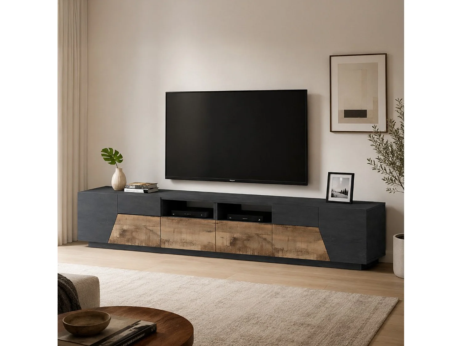 Meuble TV Gregorio, Buffet bas de salon avec 4 portes, Base pour meuble TV, 100% Made in Italy, 260x43h46 cm, Ardoise et Érable