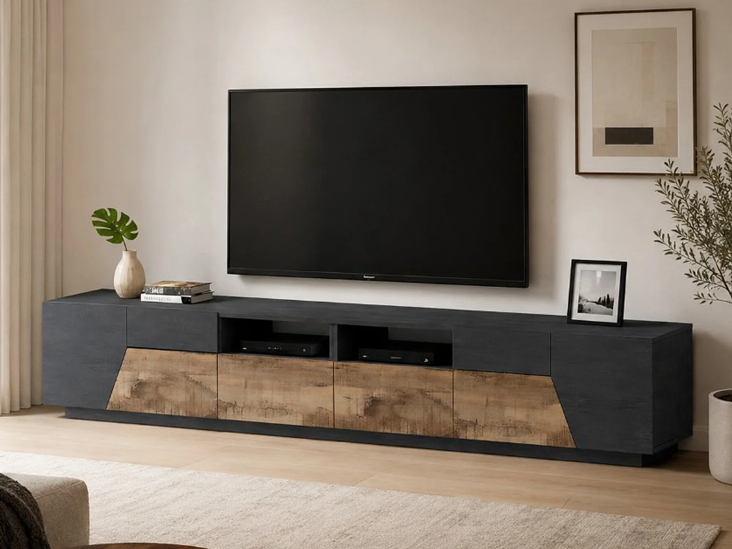 Meuble TV Gregorio, Buffet bas de salon avec 4 portes, Base pour meuble TV, 100% Made in Italy, 260x43h46 cm, Ardoise et Érable