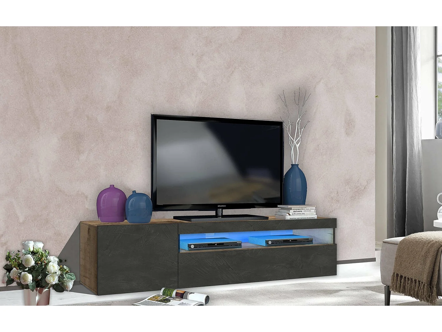 Móvel de TV Claudio, Aparador baixo de sala, Base de móvel de televisão, 100% Fabricado na Itália, 150x40h37 cm, Bordo e Ardósia, com luz LED