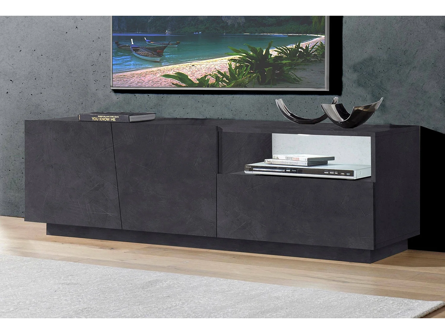 Dmora Tv-meubel Nino 43x150x46h cm Antracietgrijs, één plank, één lade, één vak, Made in Italy