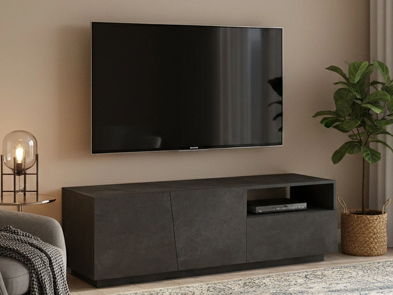 Mobile porta TV Nino, Credenza bassa da soggiorno a 2 ante, Base porta televisione, 100% Made in Italy, cm 150x43h46, Ardesia