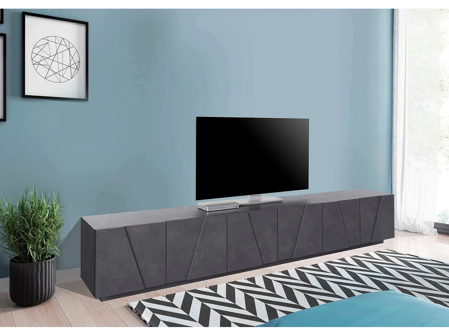 Móvel de TV Lucas, Aparador baixo da sala, Base de móvel de televisão, 100% Fabricado na Itália, 244x44h46 cm, Ardósia