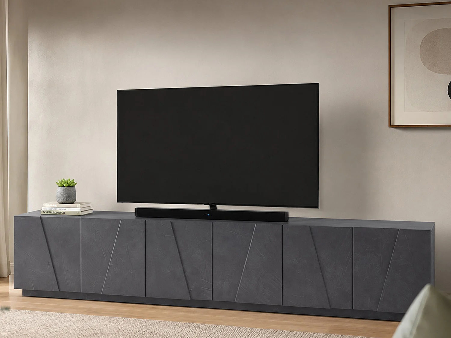 Mobile porta TV Lucas, Credenza bassa da soggiorno, Base porta televisione, 100% Made in Italy, cm 244x44h46, Ardesia