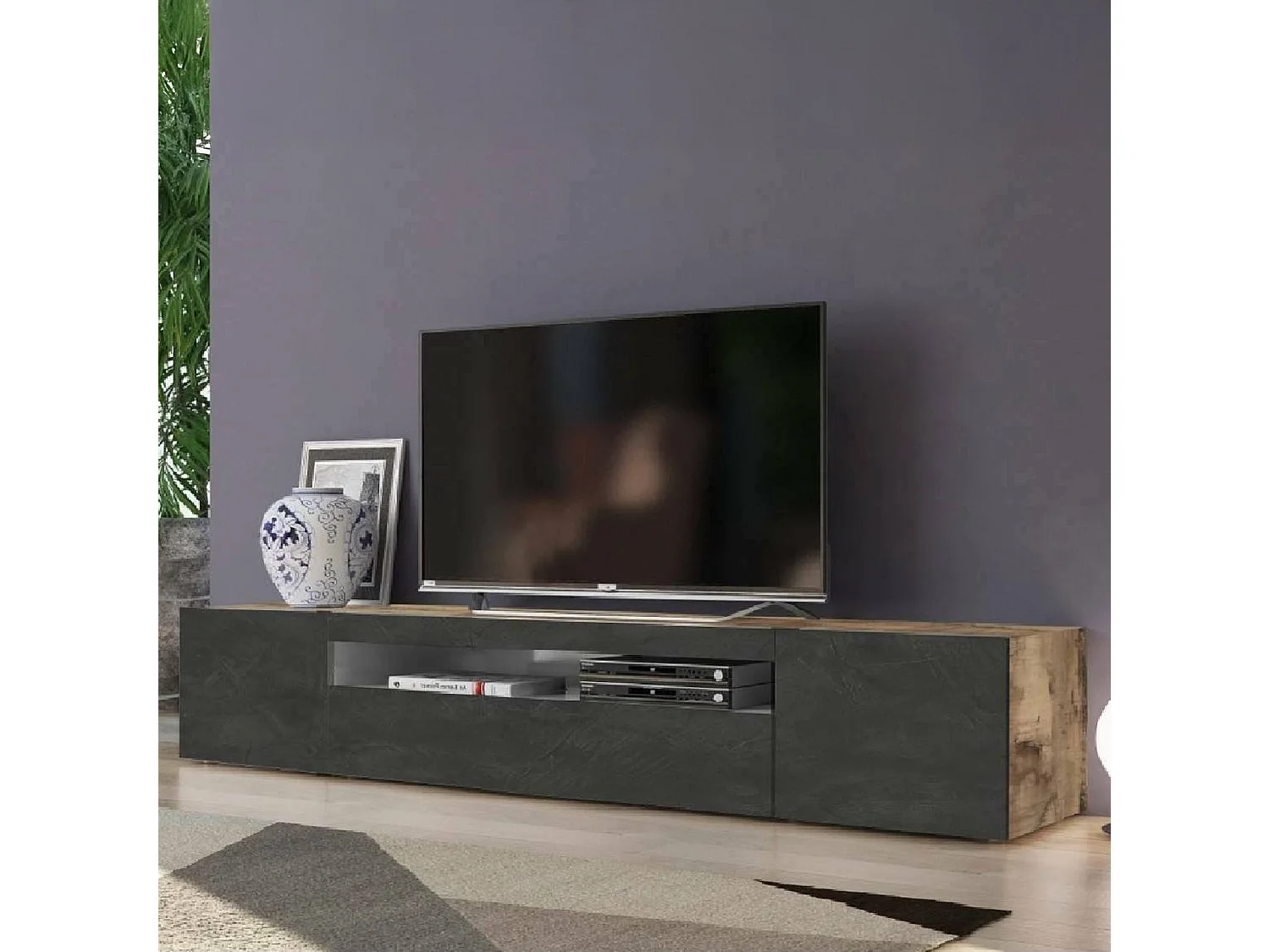 Meuble TV Jesse, Buffet bas de salon avec 3 portes, Base pour meuble TV, 100% Made in Italy, 200x40h37 cm, Érable et Ardoise