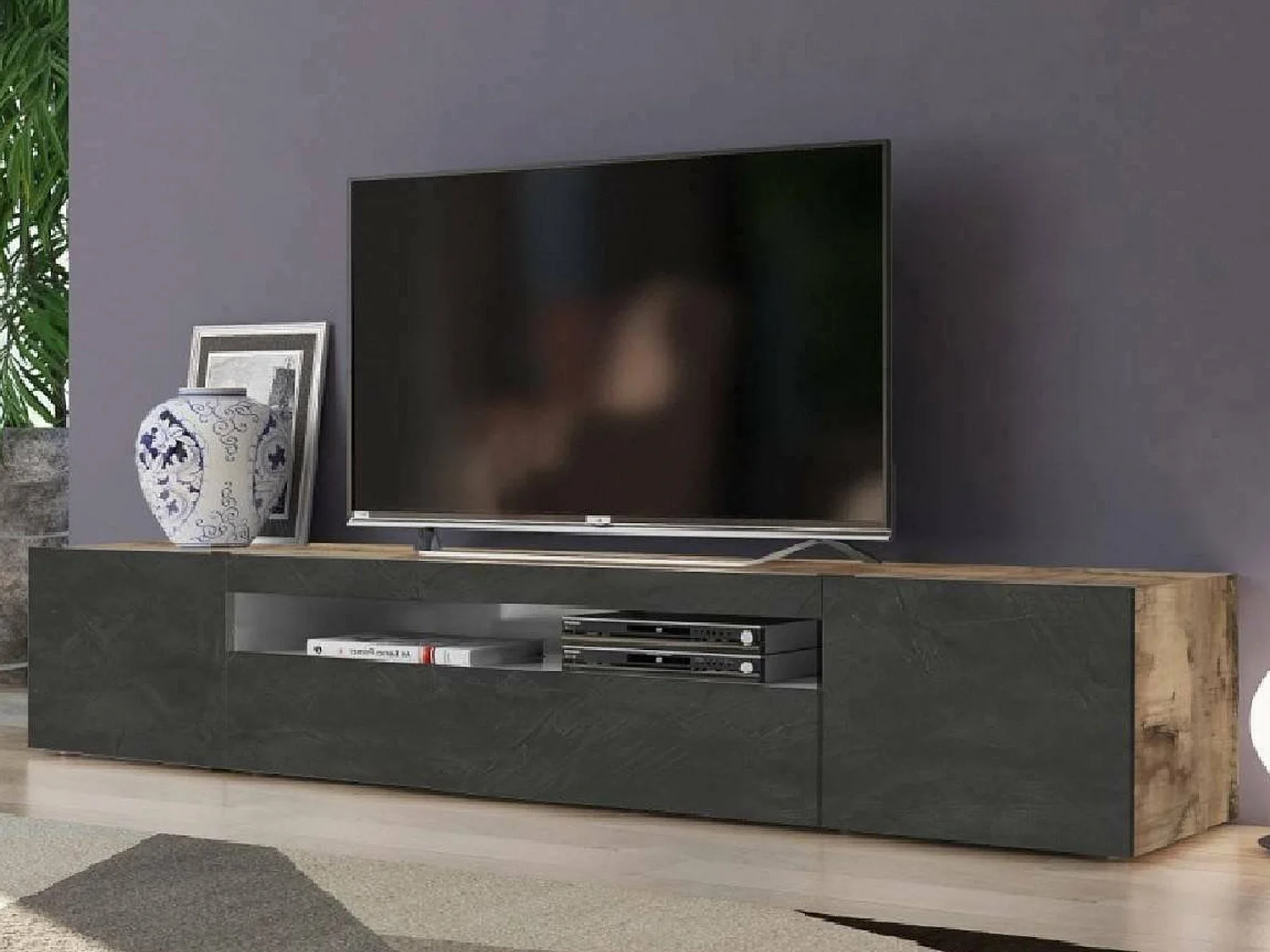Mobile porta TV Jesse, Credenza bassa da soggiorno a 3 ante, Base porta televisione, 100% Made in Italy, cm 200x40h37, Acero e Ardesia